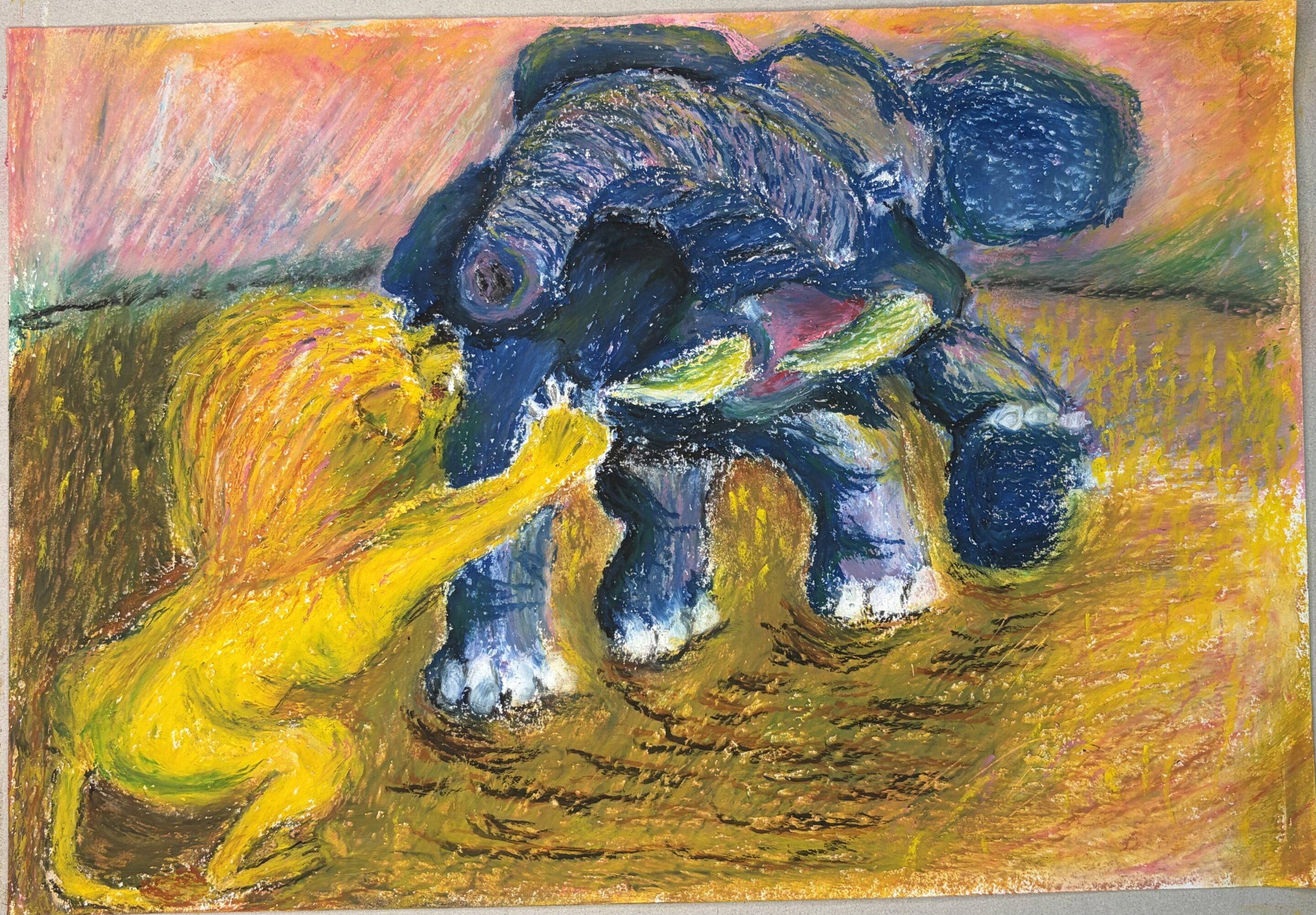 サバンナ、夕暮れの闘い｜100点のアートクレヨン画展