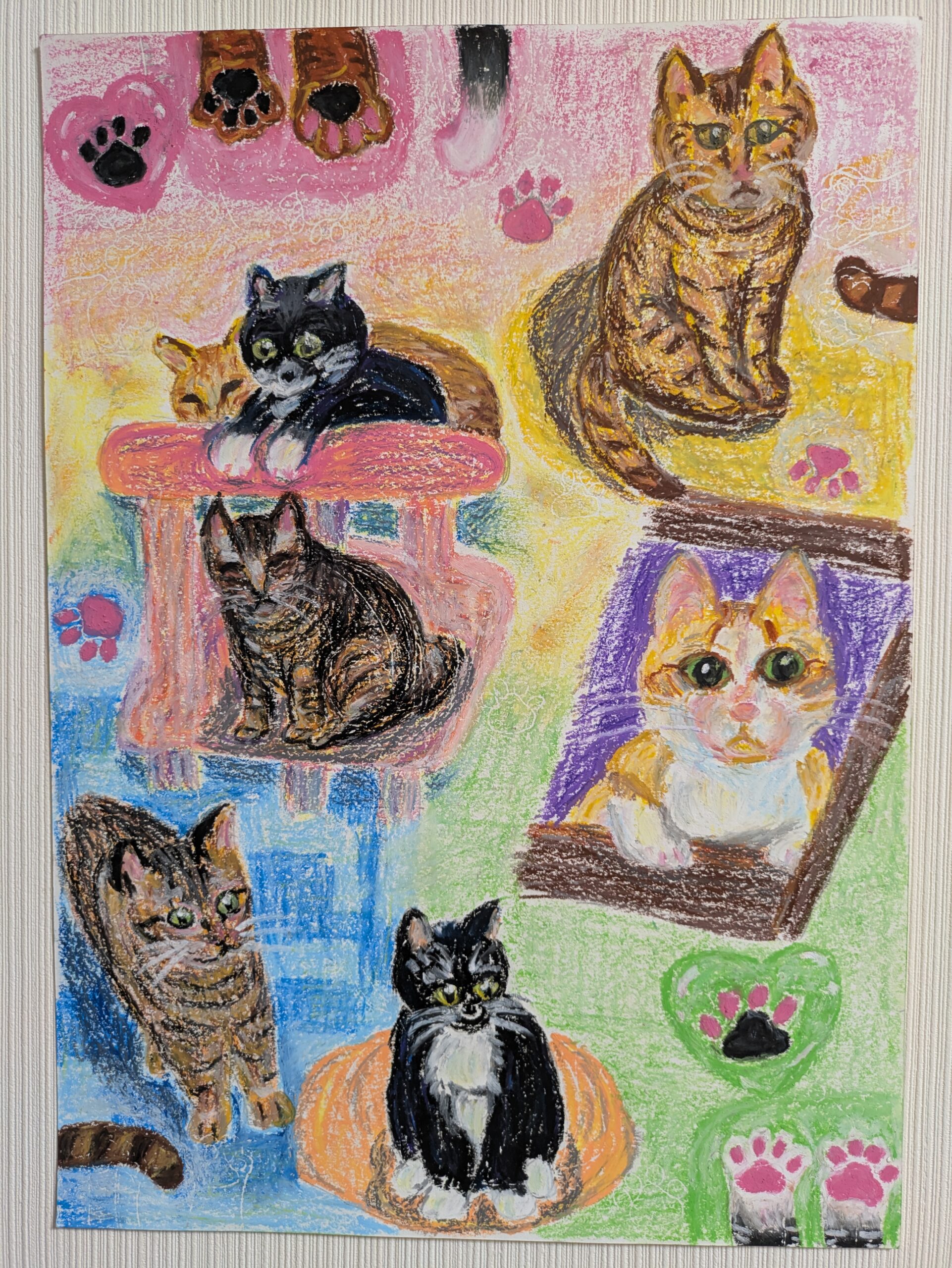 カフェ猫(油絵) 保護猫カフェの猫たち｜100点のアートクレヨン画展