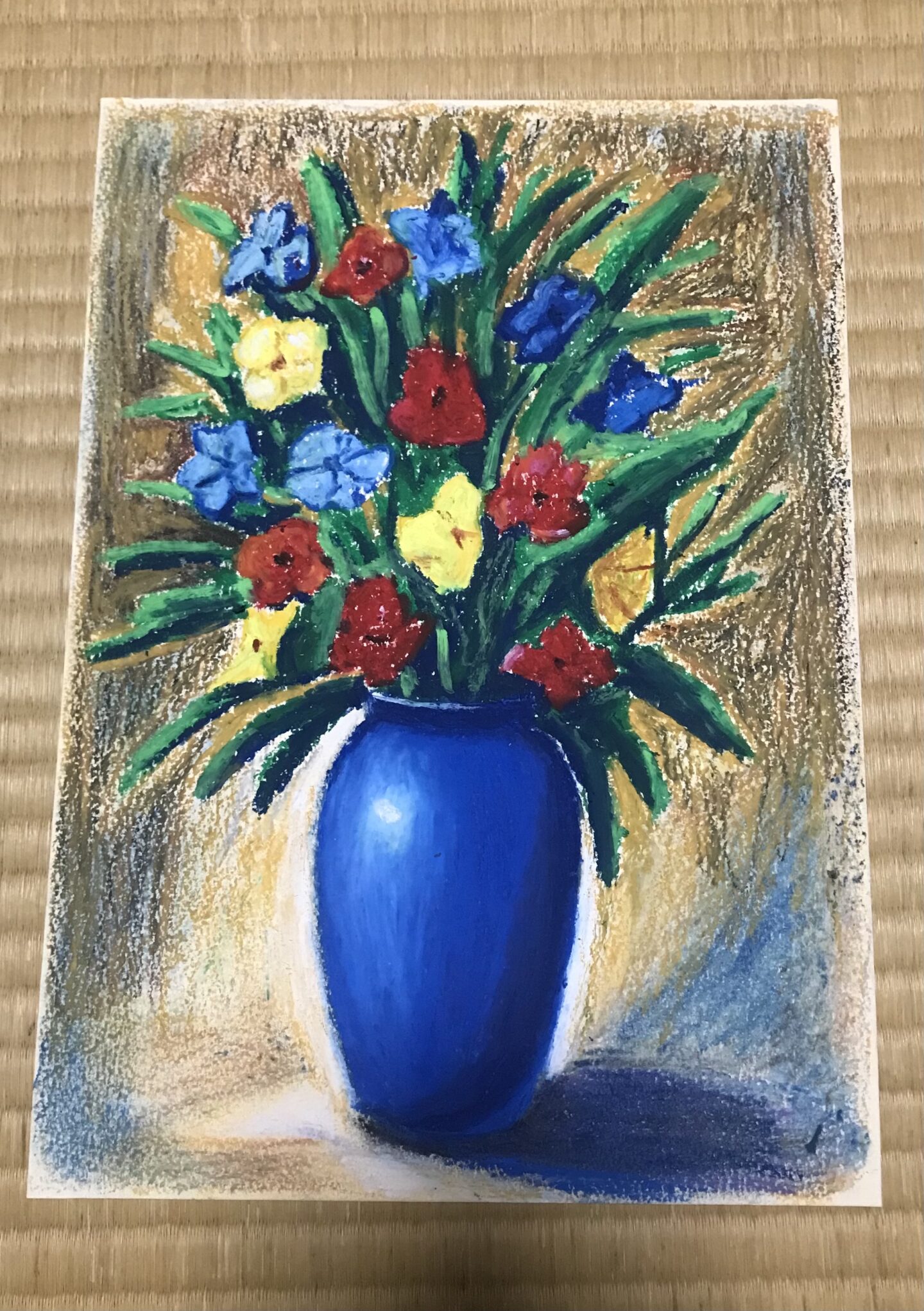 青い花瓶と花｜100点のアートクレヨン画展