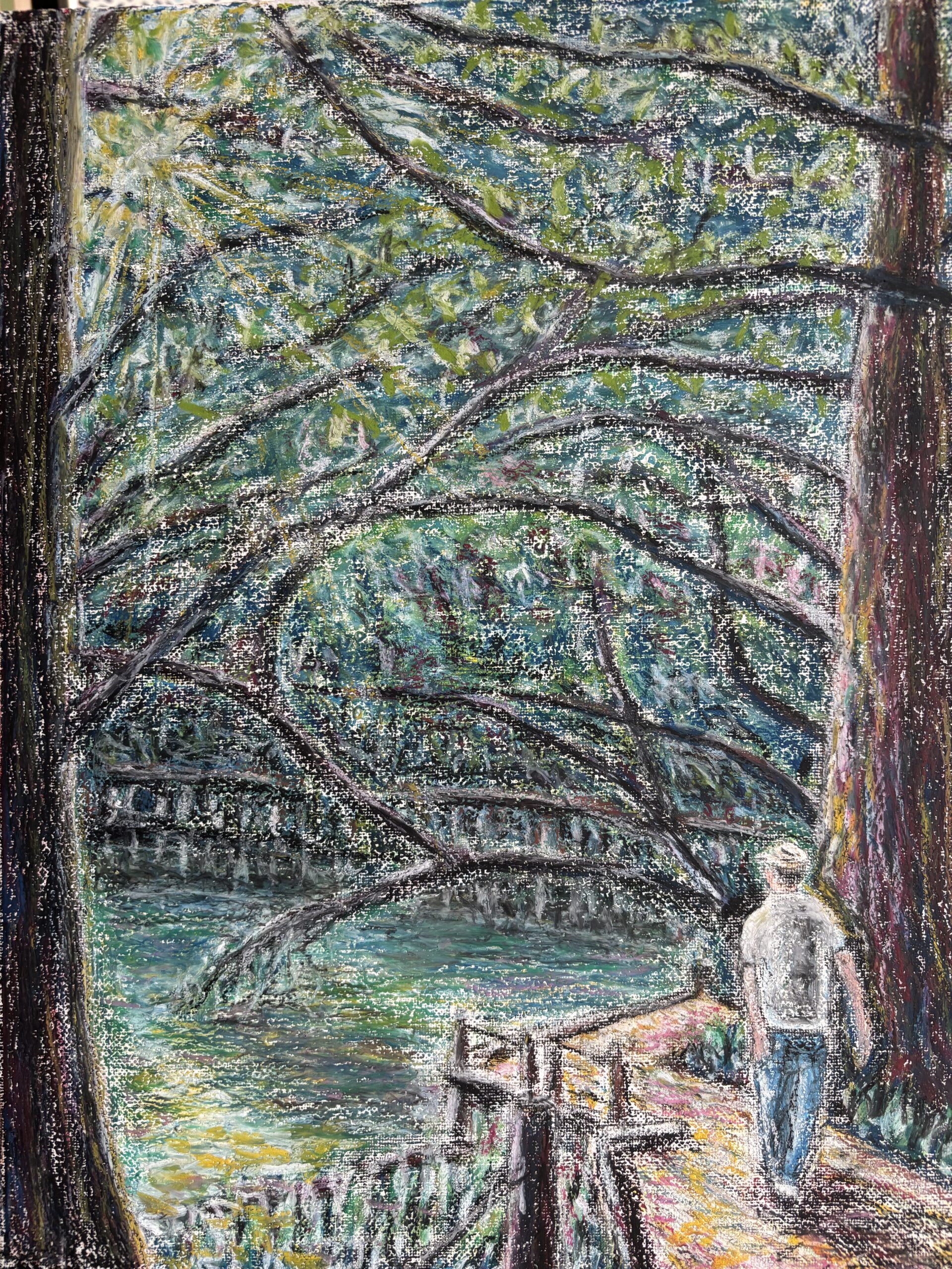 Toshiko アート作品 抽象画「深緑の中へ」 深緑の散歩道｜100点のアートクレヨン画展