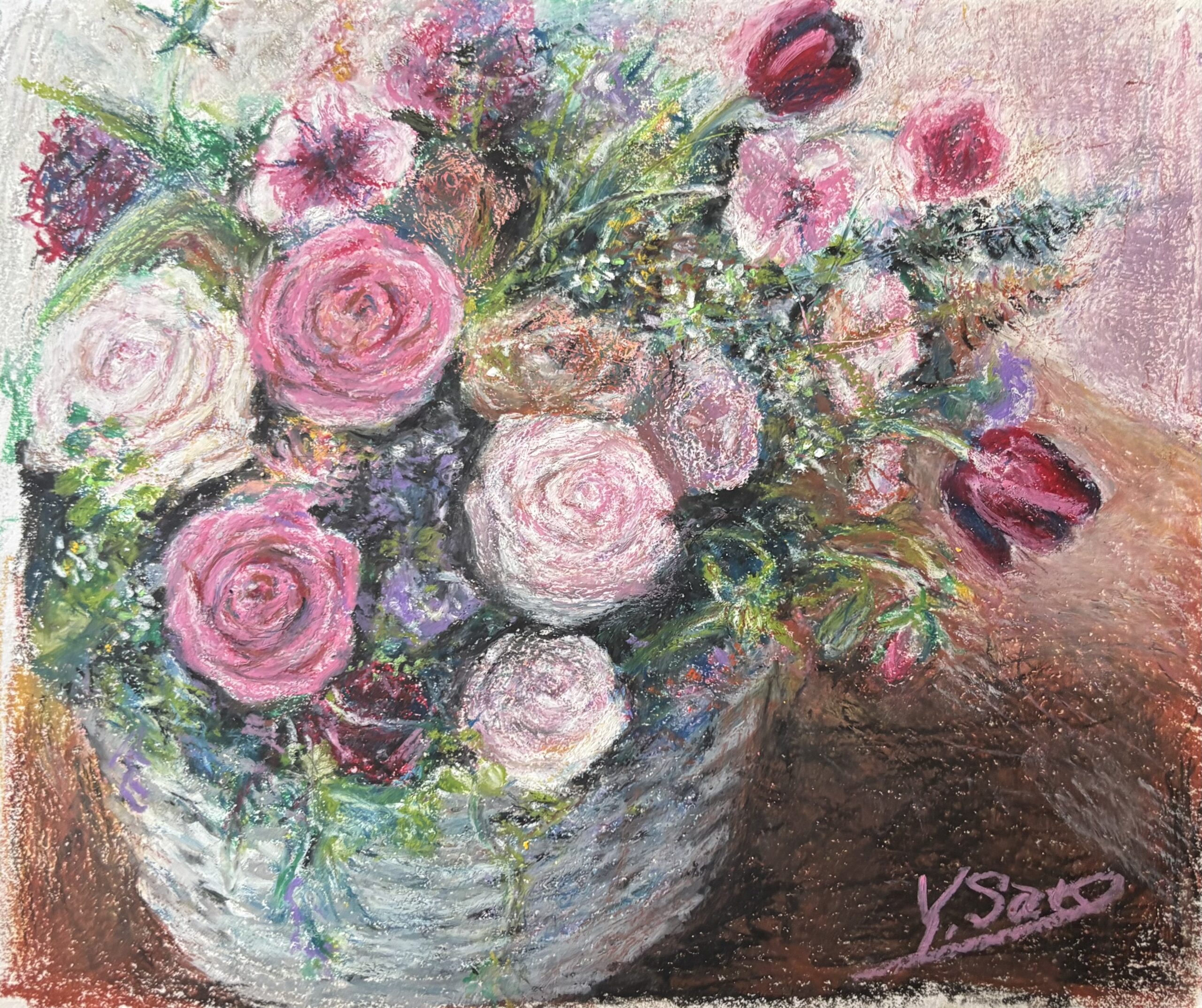 ピンクの花籠｜100点のアートクレヨン画展