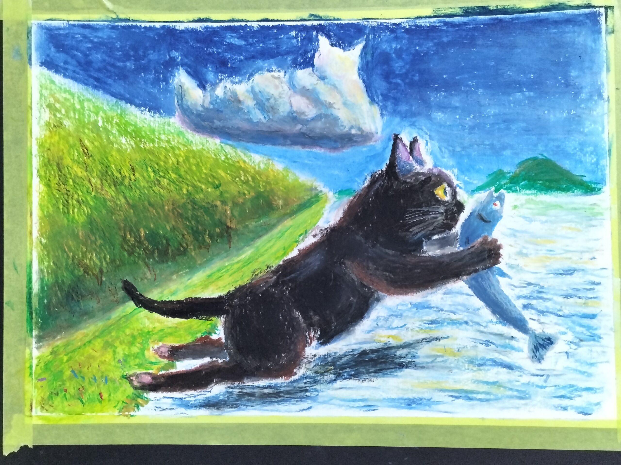 天高く猫が落ちるよ秋の川｜100点のアートクレヨン画展
