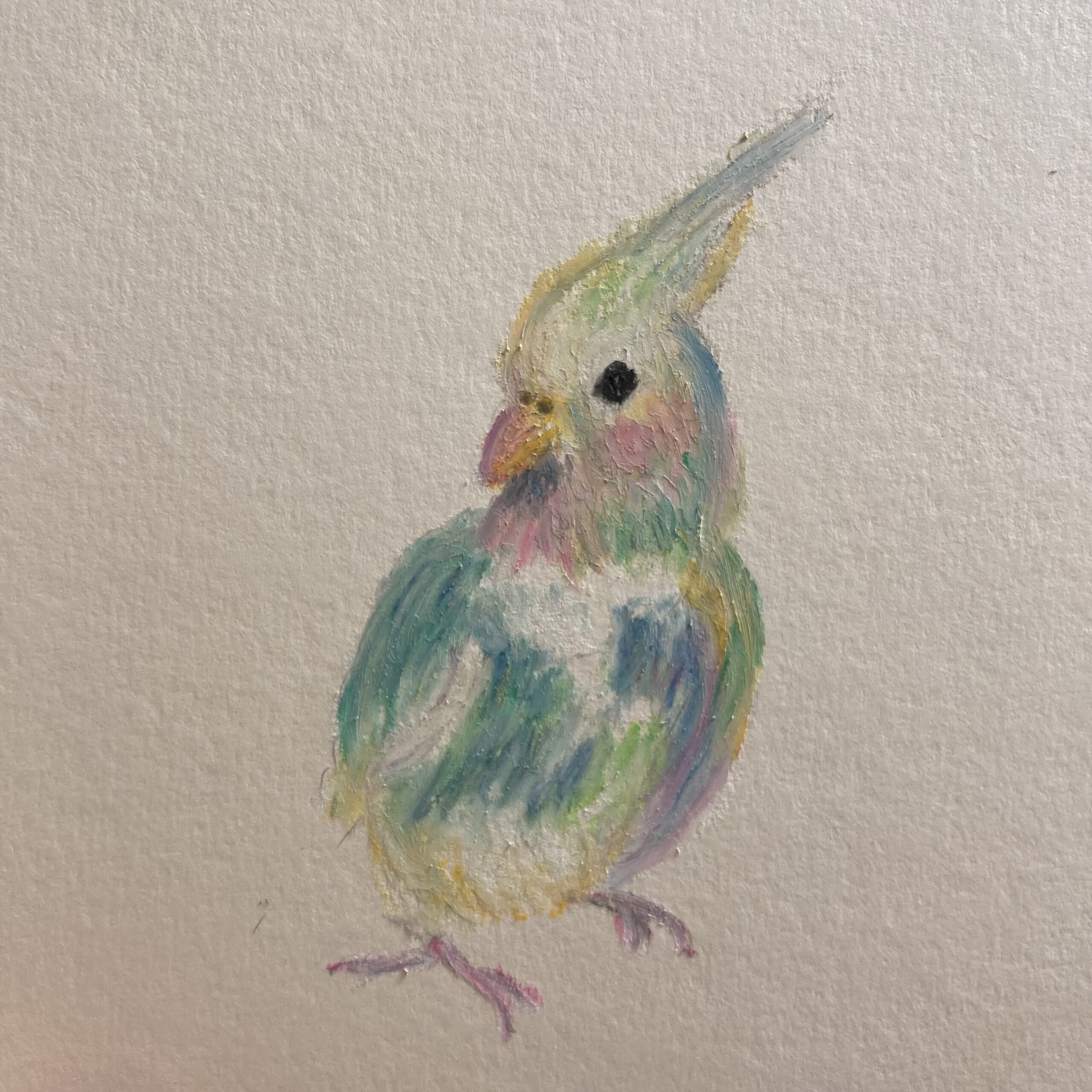手描きオウムのクレヨン画 マロン｜100点のアートクレヨン画展