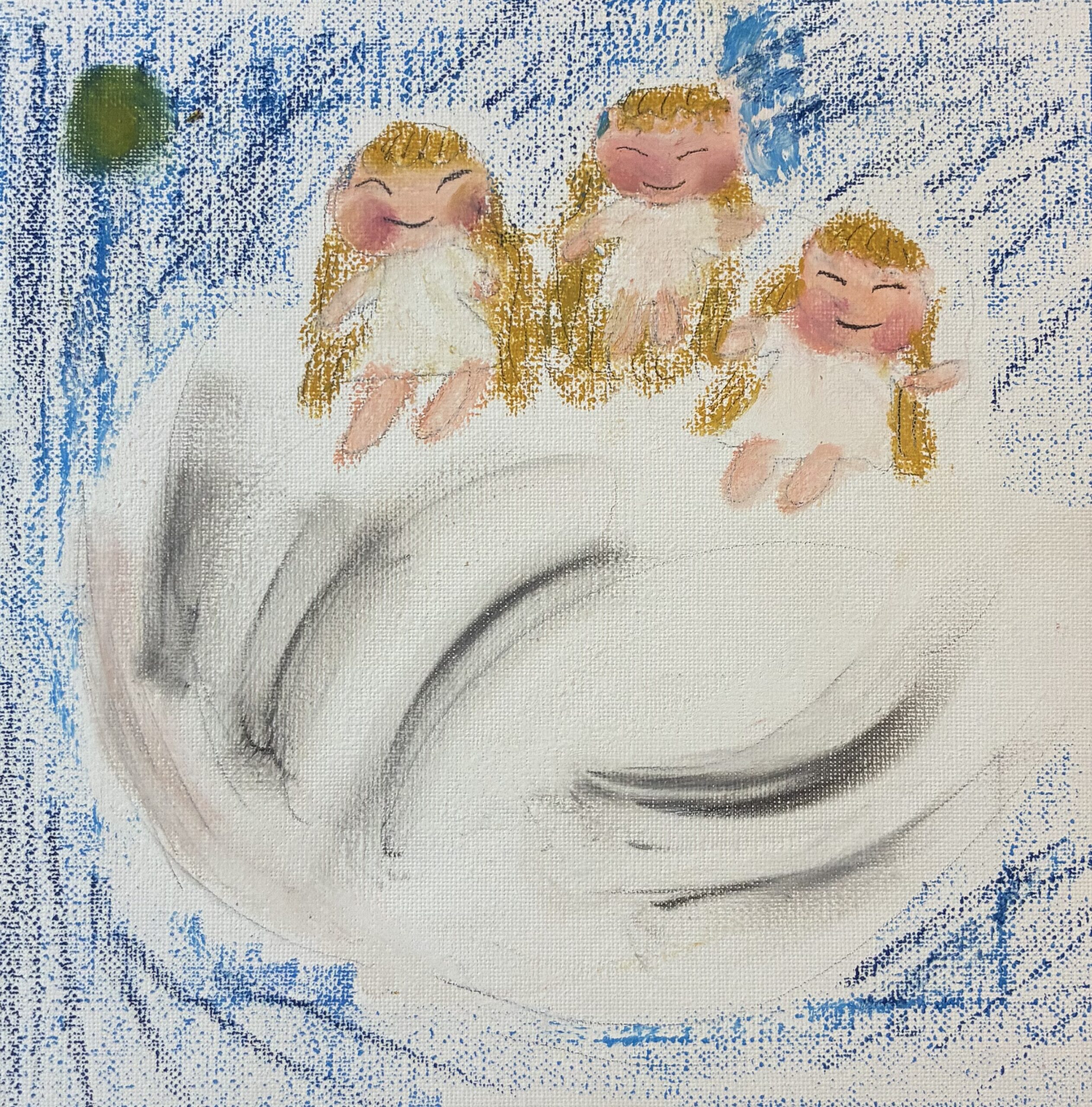 a*a様 絵画原画（軽やかなシャララン）キュートな天使の絵　キラキラcollag 霧の中の天使｜100点のアートクレヨン画展