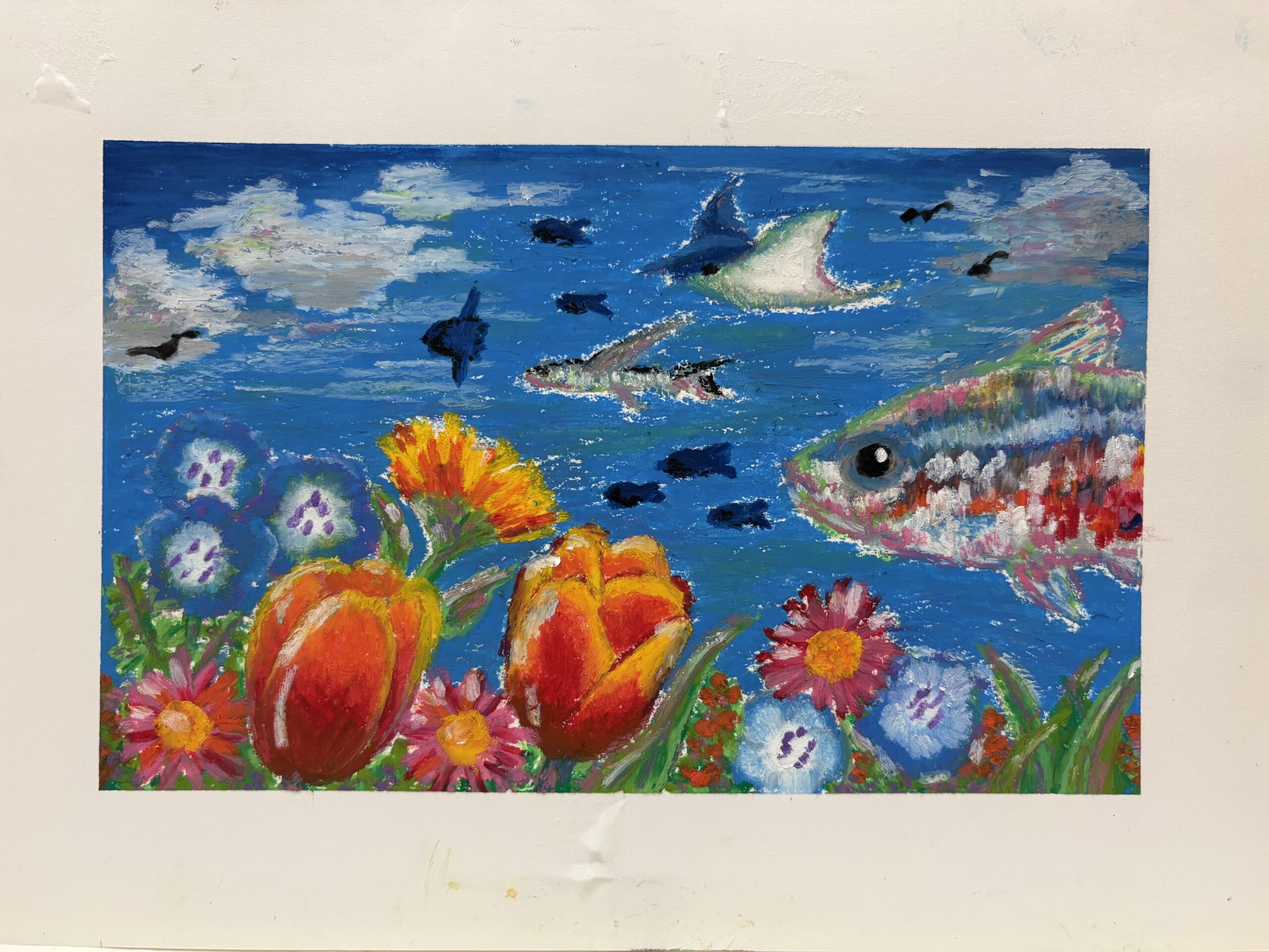 クレヨン画 空を飛ぶ生物 そらとぶ魚｜100点のアートクレヨン画展